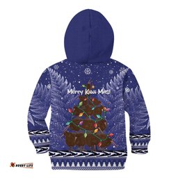 Kiwi New Zealand Christmas Kid Hoodie Meri Kirihimete Silver Fern Blue Color