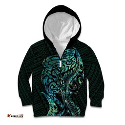 New Zealand Eel Kid Hoodie Tuna Aotearoa Maori With Paua Shell Turquoise
