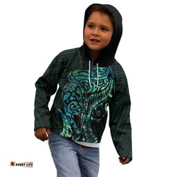 New Zealand Eel Kid Hoodie Tuna Aotearoa Maori With Paua Shell Turquoise