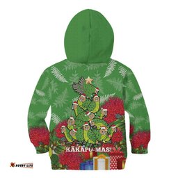 Kakapo New Zealand Christmas Kid Hoodie Meri Kirihimete Pohutukawa Green Color
