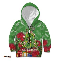 Kakapo New Zealand Christmas Kid Hoodie Meri Kirihimete Pohutukawa Green Color