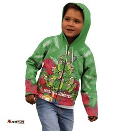 Kakapo New Zealand Christmas Kid Hoodie Meri Kirihimete Pohutukawa Green Color