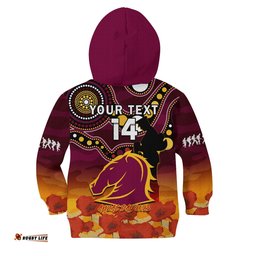 Custom Text And Number Brisbane Broncos Rugby ANZAC Hoodie KID Aboriginal Mix Poppy Lest We Forget