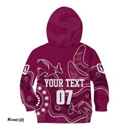Personalised QLD Maroons Rugby Indigenous Kid Hoodie Kangaroo Mix Boomerang