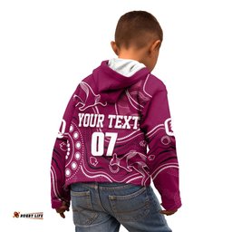 Personalised QLD Maroons Rugby Indigenous Kid Hoodie Kangaroo Mix Boomerang