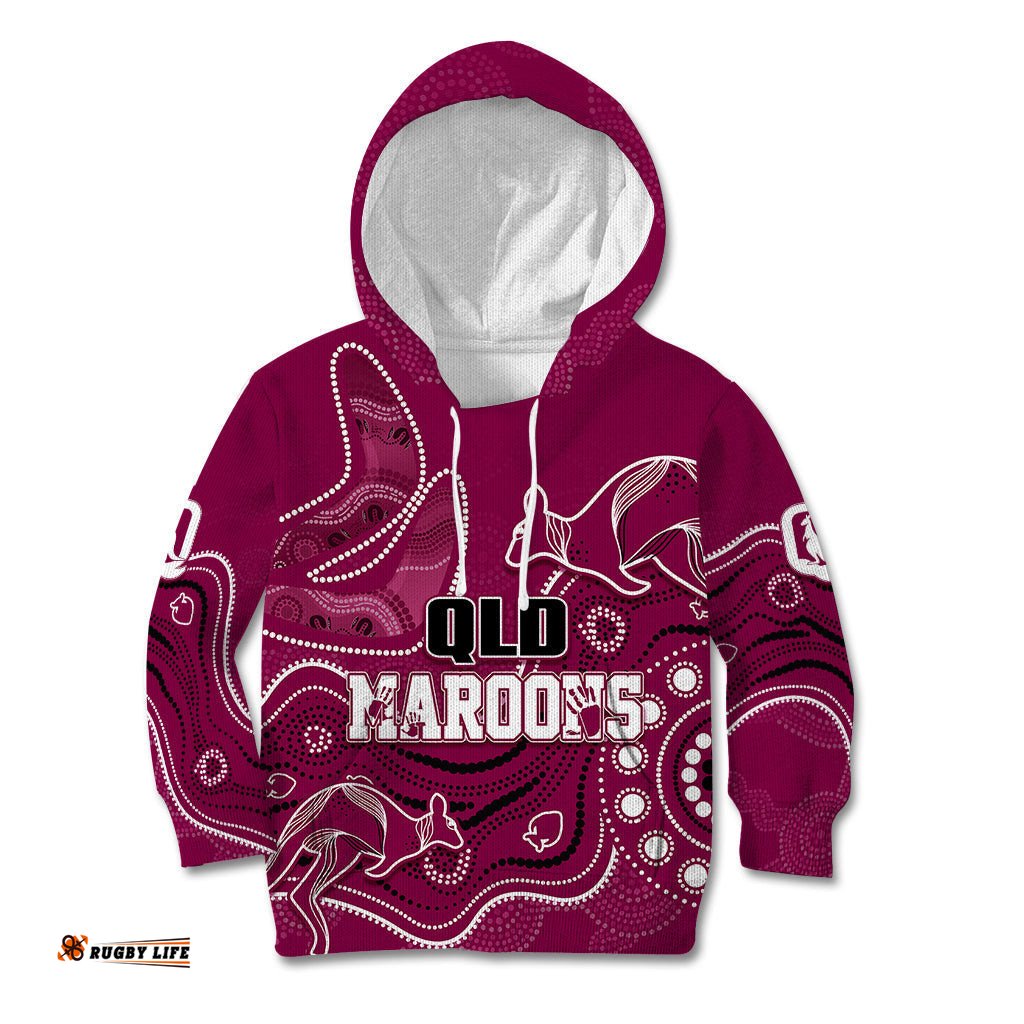 Personalised QLD Maroons Rugby Indigenous Kid Hoodie Kangaroo Mix Boomerang
