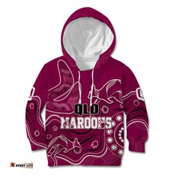Personalised QLD Maroons Rugby Indigenous Kid Hoodie Kangaroo Mix Boomerang