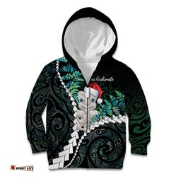 New Zealand Personalised Kid Hoodie Meri Kirihimete Kowhaiwhai Mix Paua Shell Emerald