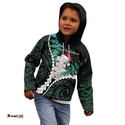 New Zealand Personalised Kid Hoodie Meri Kirihimete Kowhaiwhai Mix Paua Shell Emerald