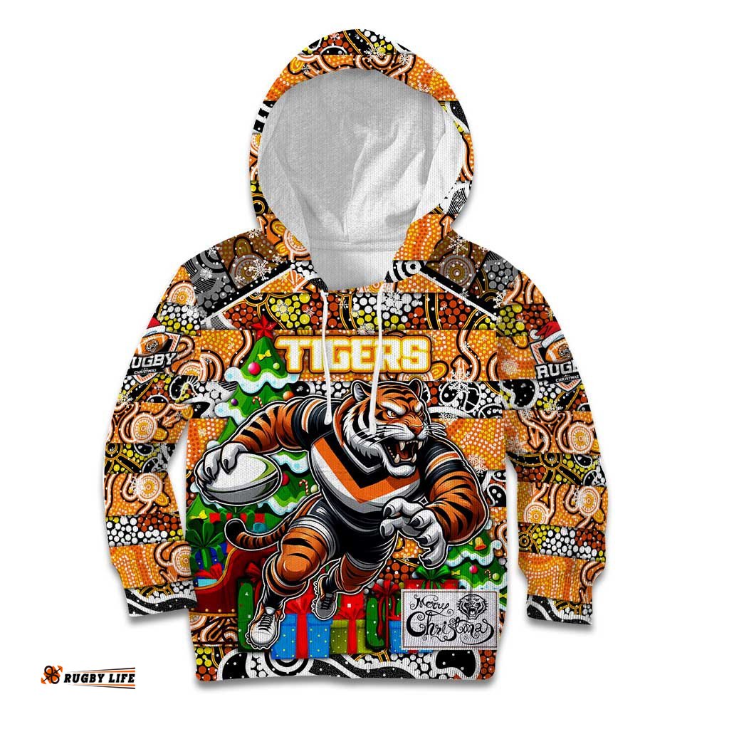 Custom Tigers Rugby Merry Christmas Kid Hoodie Indigenous Australian Art