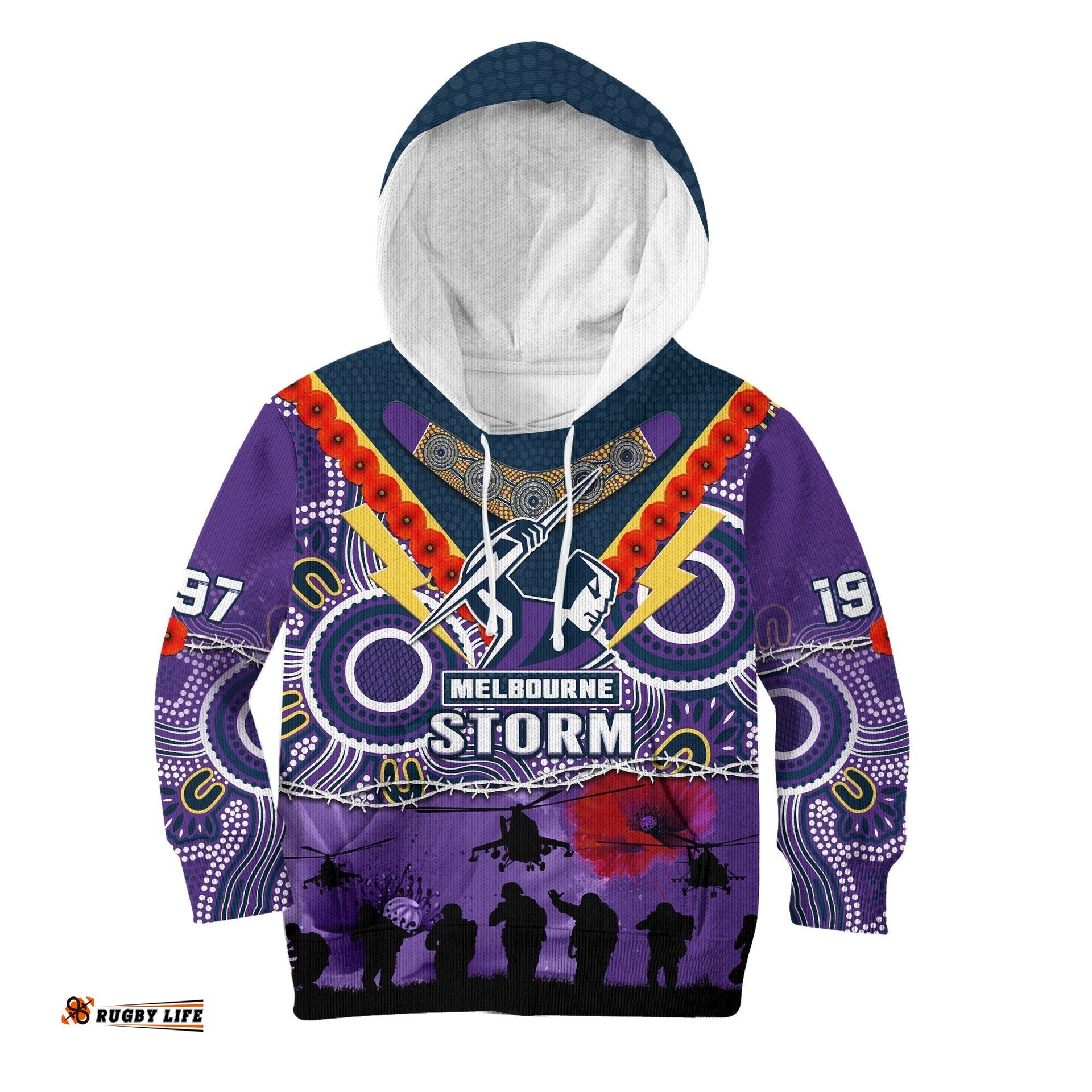 Melbourne Storm Rugby ANZAC Hoodie KID Indigenous Poppy Australian Army