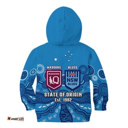 QLD Maroons and NSW Blues Rugby Kid Hoodie State of Origin Indigenous Blue