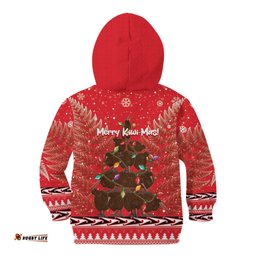 Kiwi New Zealand Christmas Kid Hoodie Meri Kirihimete Silver Fern Red Color