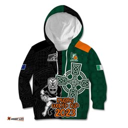 New Zealand Ireland Rugby Kid Hoodie Warrior Black Fern and Shamrocks World Cup