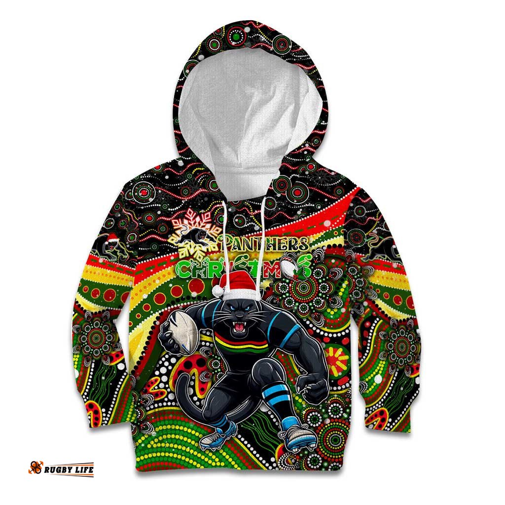 Merry Christmas Penrith Panthers Kid Hoodie Aboriginal Santa Rugby Mascot The Riff