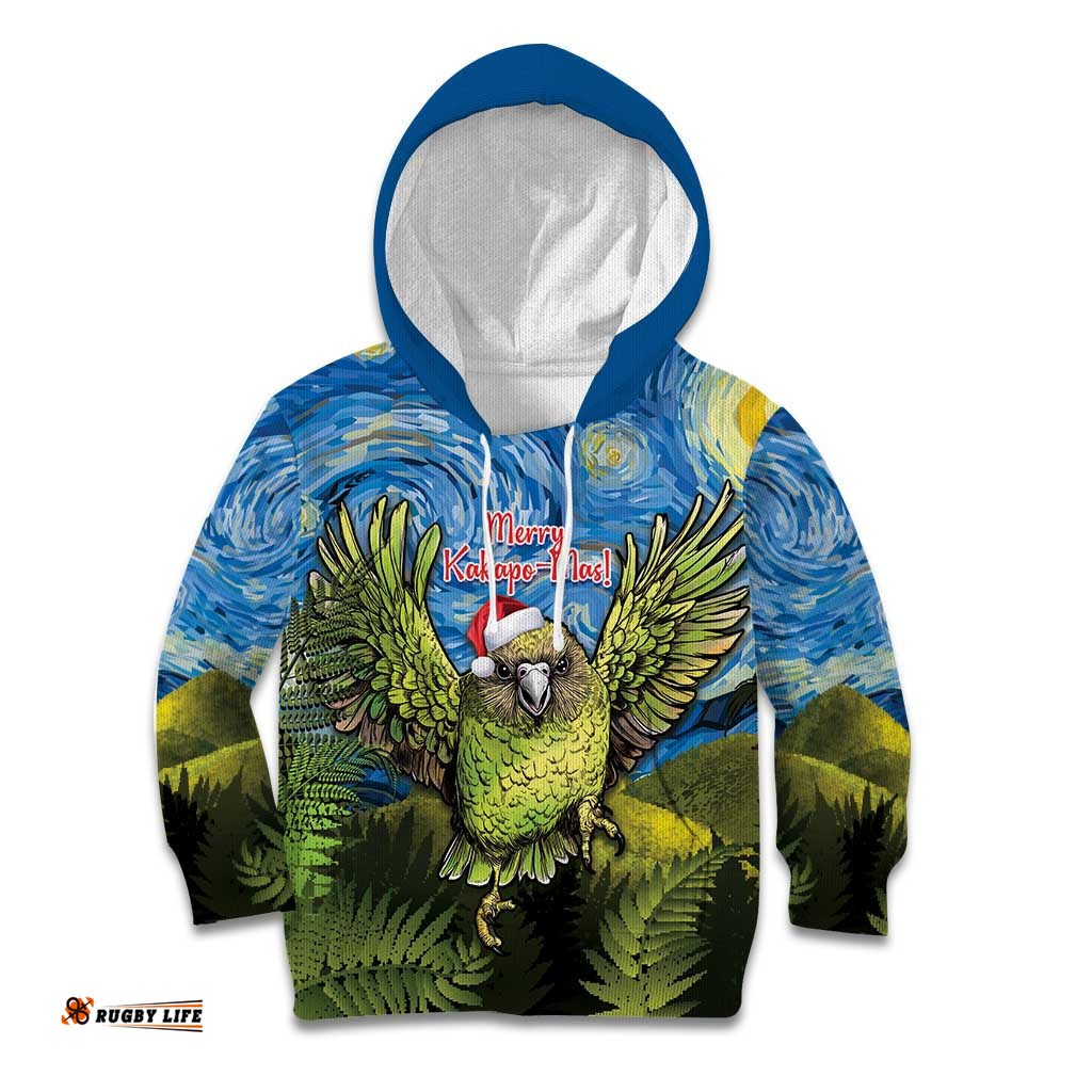 Personalised Jumping Kakapo Christmas Kid Hoodie New Zealand Fern Starry Night Style