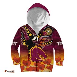 Brisbane Broncos Rugby ANZAC Hoodie KID Aboriginal Mix Poppy Lest We Forget