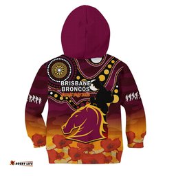 Brisbane Broncos Rugby ANZAC Hoodie KID Aboriginal Mix Poppy Lest We Forget