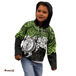 Custom Raiders Rugby Kid Hoodie Canberra Hibiscus and Turtle With Polynesian Pattern