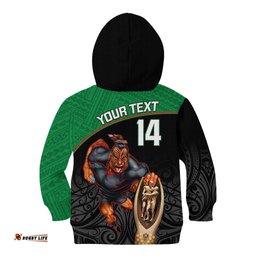 Custom Warriors Rugby Kid Hoodie Go Champions Aotearoa Mascot With Polynesian Maori Pattern
