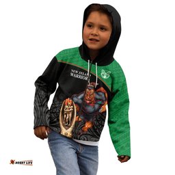 Custom Warriors Rugby Kid Hoodie Go Champions Aotearoa Mascot With Polynesian Maori Pattern