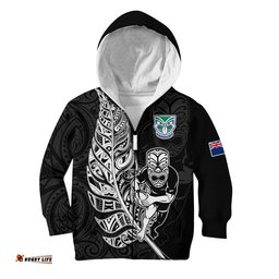 Custom Text And Number New Zealand Tiki Rugby Hoodie KID NZ Warriors Fern Maori Style