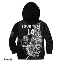 Custom Text And Number New Zealand Tiki Rugby Hoodie KID NZ Warriors Fern Maori Style