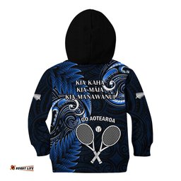 New Zealand Tiki Tennis Kid Hoodie 2024 Aotearoa Tenehi Maori Silver Fern Blue