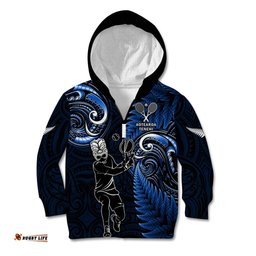 New Zealand Tiki Tennis Kid Hoodie 2024 Aotearoa Tenehi Maori Silver Fern Blue