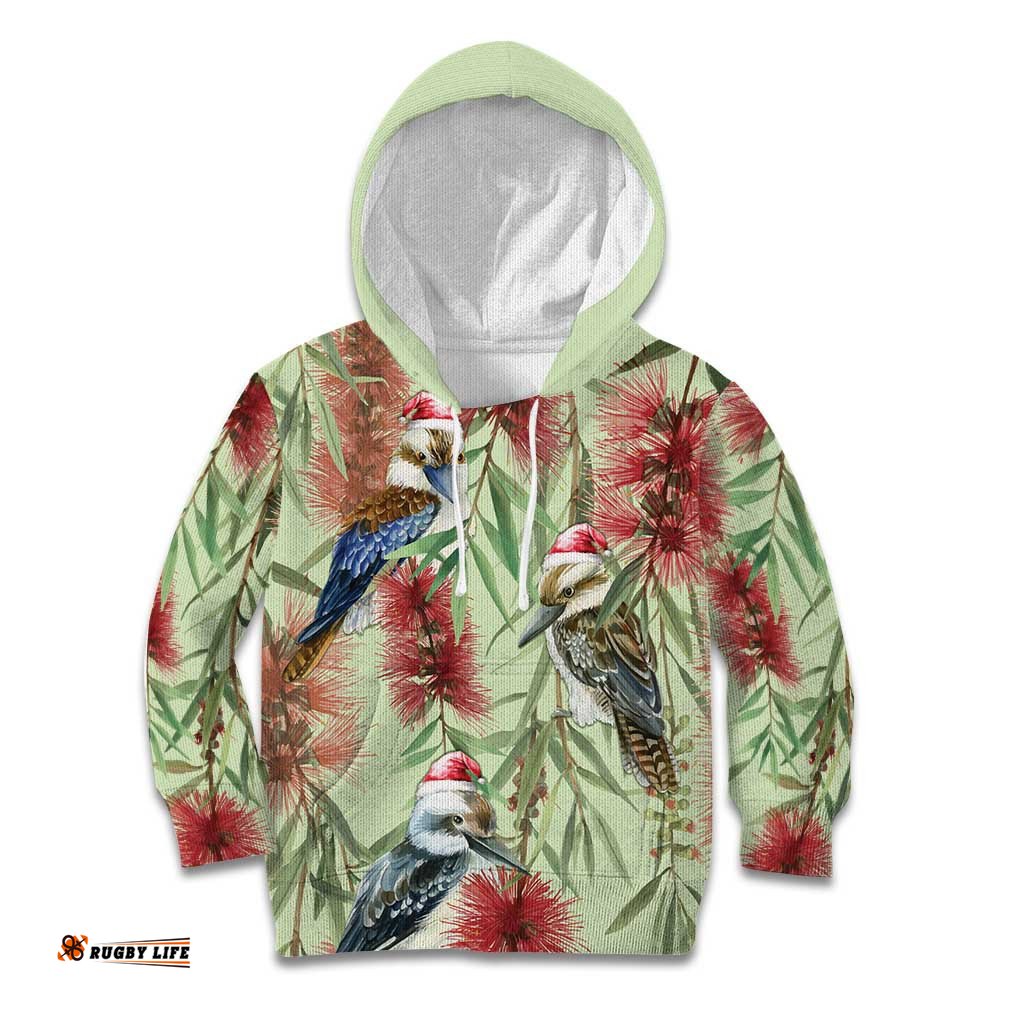 Australia Christmas Kid Hoodie Kookaburra Santa on Callistemon Pastel