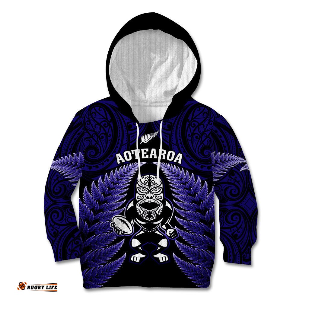 New Zealand Aotearoa Rugby Kid Hoodie NZ Tiki With Maori Fern World Cup Blue Version
