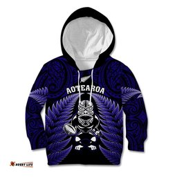 New Zealand Aotearoa Rugby Kid Hoodie NZ Tiki With Maori Fern World Cup Blue Version