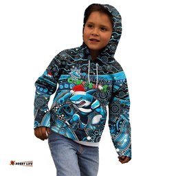 Merry Christmas Sharks Kid Hoodie Aboriginal Santa Rugby Mascot Cronulla Sutherland
