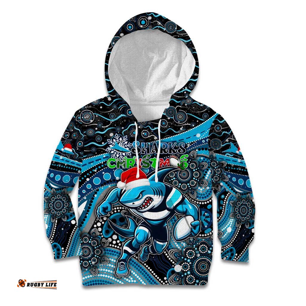 Merry Christmas Sharks Kid Hoodie Aboriginal Santa Rugby Mascot Cronulla Sutherland