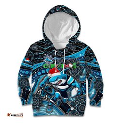 Merry Christmas Sharks Kid Hoodie Aboriginal Santa Rugby Mascot Cronulla Sutherland