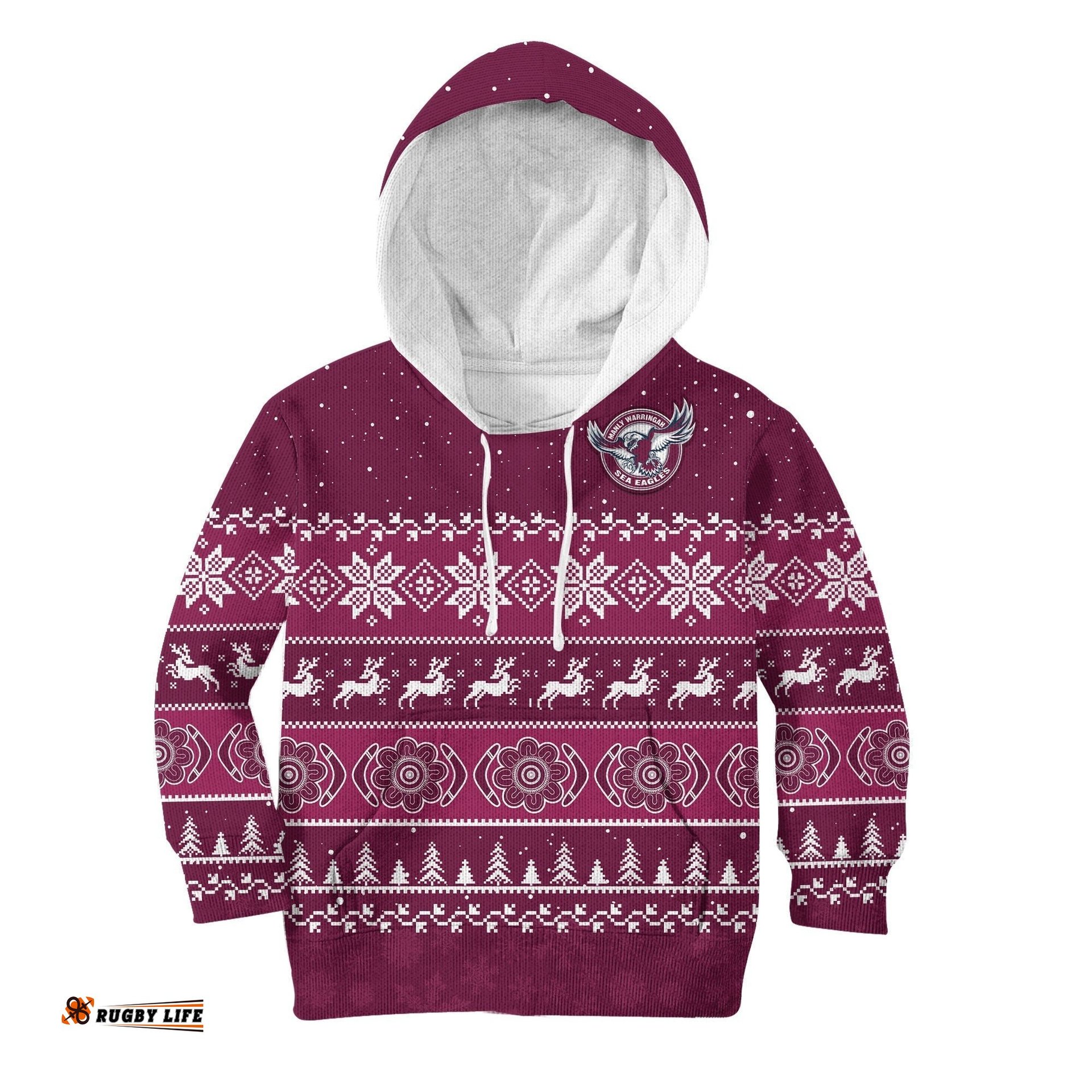 Sea Eagles Rugby Hoodie KID Indigenous Silvertails Merry Christmas