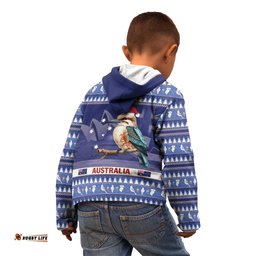 Aussie Kookaburra Kid Hoodie Merry Christmas Blue Style