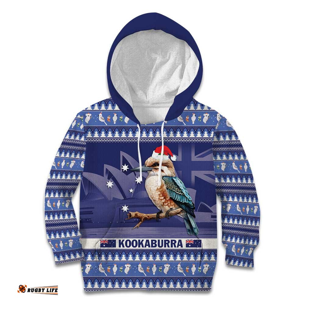Aussie Kookaburra Kid Hoodie Merry Christmas Blue Style