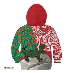Personalised New Zealand Tuatara Christmas Kid Hoodie Meri Kirihimete Aotearoa Maori Mix Pohutukawa