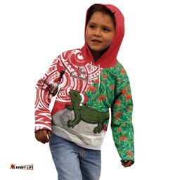 Personalised New Zealand Tuatara Christmas Kid Hoodie Meri Kirihimete Aotearoa Maori Mix Pohutukawa