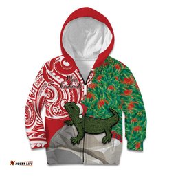 Personalised New Zealand Tuatara Christmas Kid Hoodie Meri Kirihimete Aotearoa Maori Mix Pohutukawa