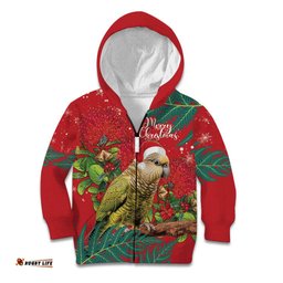 Personalised New Zealand Kakapo Christmas Kid Hoodie Meri Kirihimete Silver Fern Mix Pohutukawa