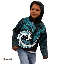 New Zealand Kid Hoodie Maori With Silver Fern Papua Shell Green Ver.2
