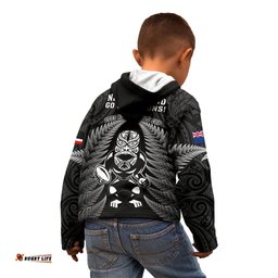New Zealand Aotearoa Rugby Kid Hoodie NZ Tiki With Maori Fern World Cup Black Version