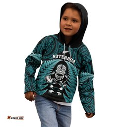 New Zealand Aotearoa Rugby Kid Hoodie NZ Tiki With Maori Fern World Cup Turquoise Version
