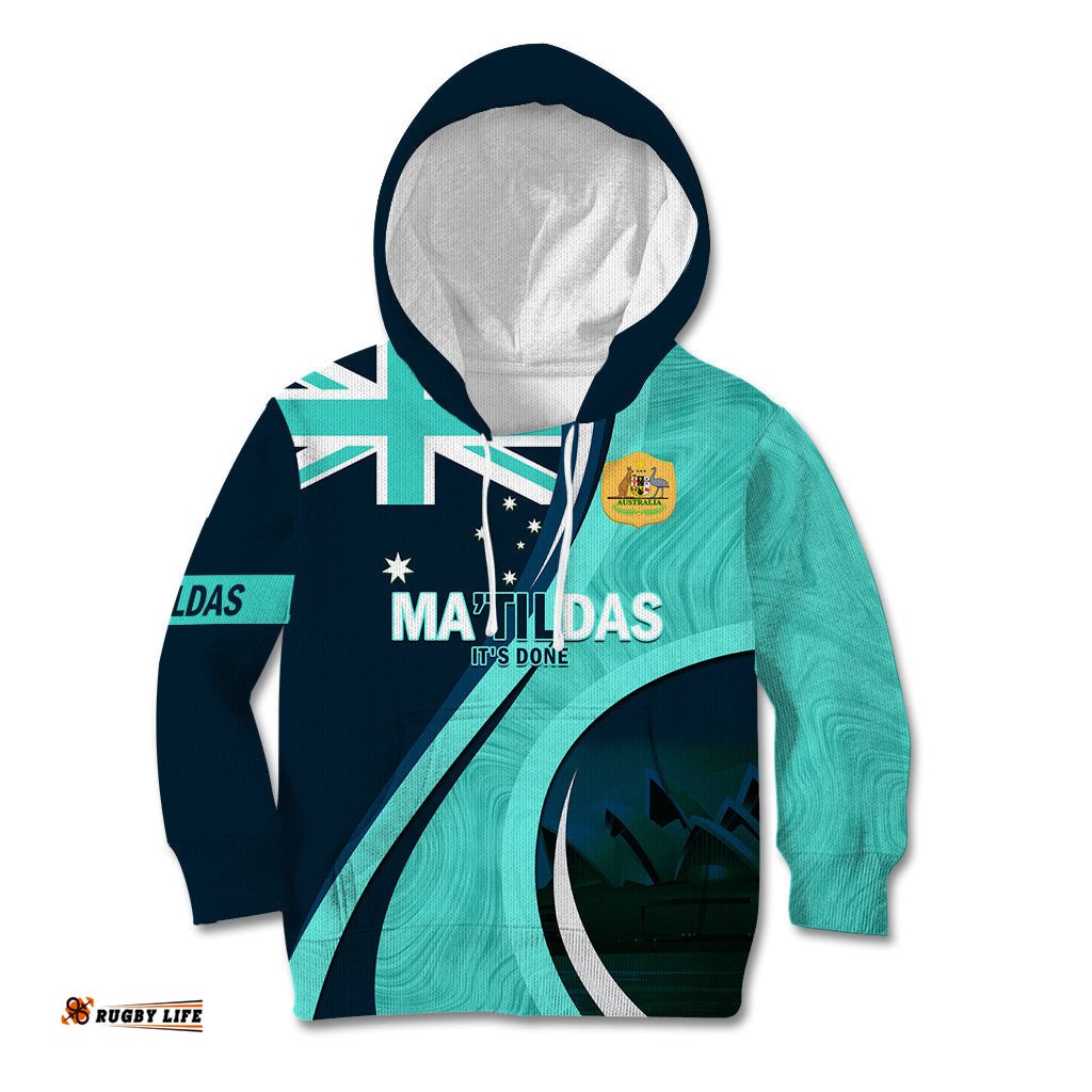 Matildas Soccer Kid Hoodie 2024 Happy Australia Day Kangaroo Aussie Proud Turquoise