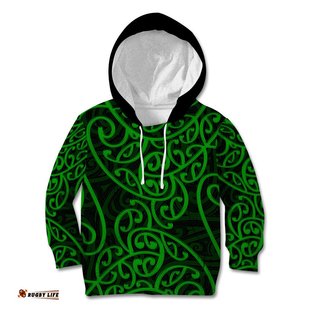 New Zealand Kid Hoodie Maori Pattern Green