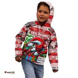 Custom Dolphins Rugby Merry Christmas Kid Hoodie Indigenous Australian Art