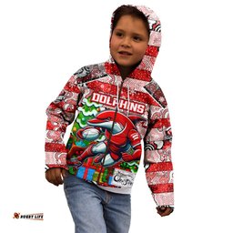 Custom Dolphins Rugby Merry Christmas Kid Hoodie Indigenous Australian Art