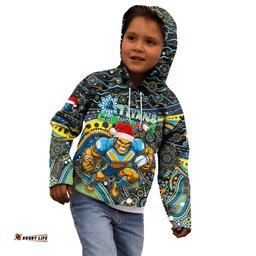 Merry Christmas Gold Coast Titans Kid Hoodie Aboriginal Santa Rugby Mascot Light Blue